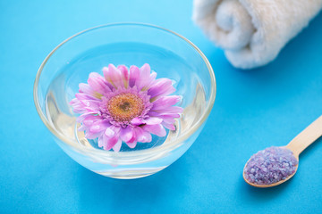 Spa. Sea Salt Grind On Wooden Light Blue Shabby Table Wooden Spoon. Kitchen And Cosmetic Healthy Usage