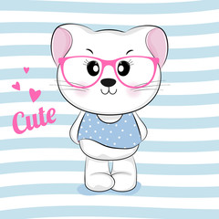 Cute cartoon kitty in pink spectacled.