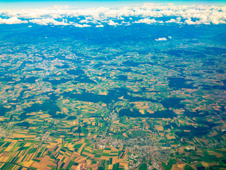 Top aerial view of country side in Switzerland at summer time