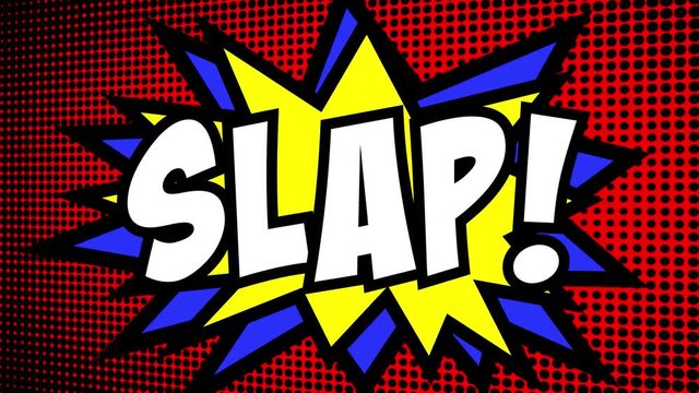 A comic strip cartoon animation, with the word Slap appearing. Green and halftone background, star shape effect.
