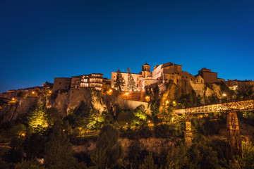 Fototapeta na wymiar Night view of famous hanging houses in Cuenca, Spain.