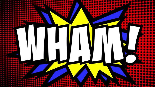 A comic strip cartoon animation, with the word Wham appearing. Green and halftone background, star shape effect.
