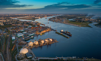 Gas storage terminal in the sea port. Baltic sea, Daugava river.