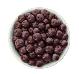 Bowl with fresh acai berries on white background