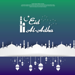 Eid al Adha Mubarak islamic greeting card design with dome mosque and hanging lantern element in paper cut style. background Vector illustration