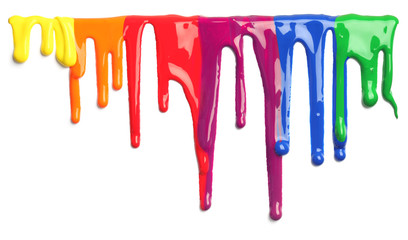 Colorful paint dripping isolated on white - obrazy, fototapety, plakaty