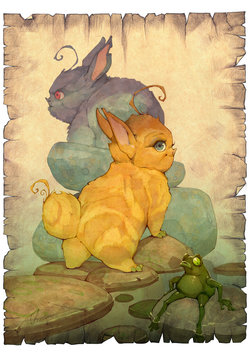 Hand drawn cartoon anime illustration of a cute fantasy baby animals looking like 
bunnies and a green frog sitting on a stone 