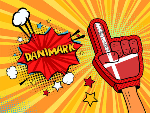Sports fan male hand in glove raised up celebrating win of Denmark speech bubble with stars and clouds.  colorful pop art style fan illustration