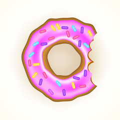 Bitten donut vector illustration isolated on white. Delicious sweet dessert with pink frosting an sprinkles as tempting junk food symbol. Cute cartoon style iced pastry.