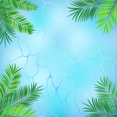 Fototapeta na wymiar Summer pool top view vector background with palm leaves twigs. Transparent water for holiday fun, relax. Swimming area, ocean or lagoon with surface ripples, highlights. Party paradise poster template