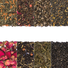 A set of dry herbal and floral tea. Green, black, composition teas on white background.