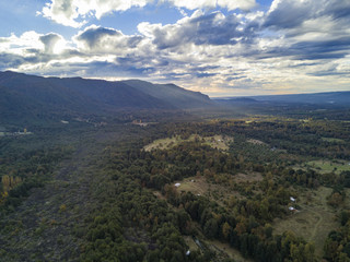 Aerial view of the amazing valleys at Conguillio National Park with the impressive Llaima Volcano dominating the park, Temuco, Chile