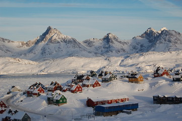 The town of Tasiilaq (former: Ammassaliq) in East Greenland on the Tasillaq-Fjord. Shot in October.