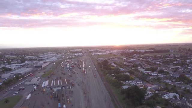 Rail yards at sunset