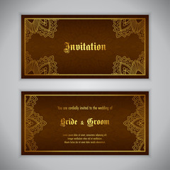 Luxury wedding invitation with golden ornament. Vector illustration