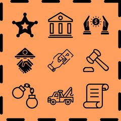 Simple 9 icon set of legal related loan, parking ticket, tow truck and loan vector icons. Collection Illustration