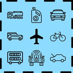 Simple 9 icon set of travel related sport utility vehicle, car, fuel truck and fuel vector icons. Collection Illustration