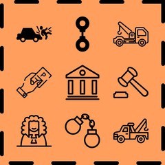 Simple 9 icon set of legal related courthouse, car run over man, judge and auction vector icons. Collection Illustration