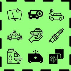 Simple 9 icon set of service related gasoline, spark plug, windshield and police van vector icons. Collection Illustration