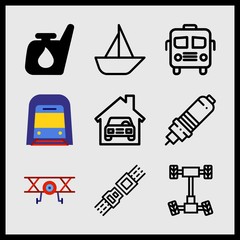 Simple 9 icon set of car related underground, bus, sailboat and aeroplane vector icons. Collection Illustration