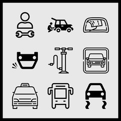 Simple 9 icon set of car related car, bus, minivan taxi and slippery road vector icons. Collection Illustration
