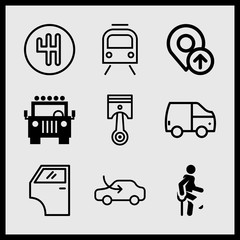 Simple 9 icon set of car related car door, car, van and piston vector icons. Collection Illustration