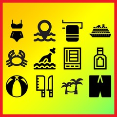 Cruise liner, vintage bikini and big beach ball related icons set