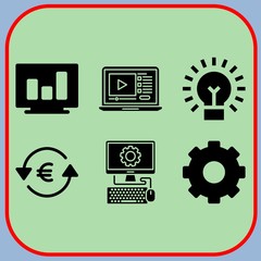 Simple 6 icon set of business related euro, analytics, computer and gear vector icons. Collection Illustration