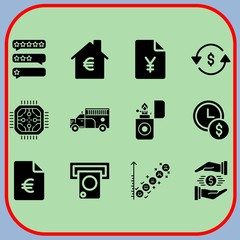 Simple 12 icon set of business related feedback, cpu, atm and mortgage vector icons. Collection Illustration