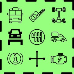 Simple 9 icon set of service related information, changing wheels tool, gearbox and chassis vector icons. Collection Illustration
