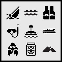 Simple 9 set of Summer related diving mask and tube, island, life jacket and mountains and sun vector icons