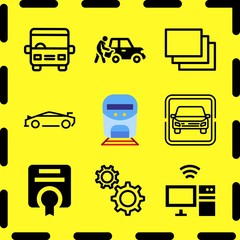 Simple 9 icon set of business related gear, diploma, parking and car repair vector icons. Collection Illustration