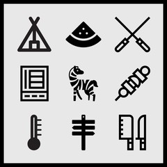Simple 9 set of Summer related refrigerator, skewers, zebra and tourist tent vector icons