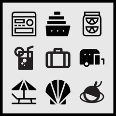 Simple 9 set of Summer related fishing float, seashell, small hand bag and caravan vector icons