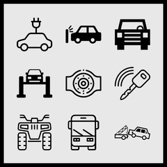 Simple 9 icon set of car related car key, car in service, bus and car engine vector icons. Collection Illustration
