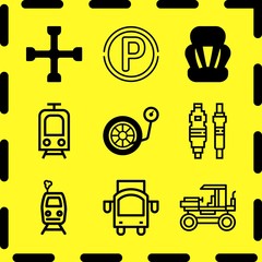 Simple 9 icon set of business related car parts, public transport, seat and spanner vector icons. Collection Illustration