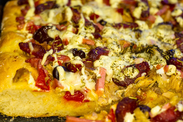 homemade pizza with peppers, plums, ham, sausage, cheese and spices, closeup