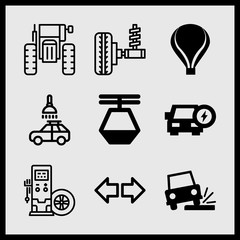 Simple 9 icon set of car related car wash, hot air balloon, tractor and tire vector icons. Collection Illustration