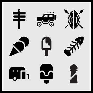 Simple 9 set of Summer related melting ice cream, popsicle, jeep and sea lighthouse vector icons