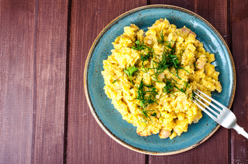 Dishes of lentils. Porridge with greens