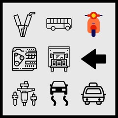 Simple 9 icon set of car related taxi, bus, motorbike and left arrow vector icons. Collection Illustration