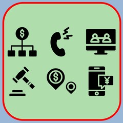 Simple 6 icon set of business related auction, video call, dollar and dollar vector icons. Collection Illustration