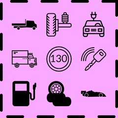 Simple 9 icon set of car related gas, speed limit, car key and electric car vector icons. Collection Illustration
