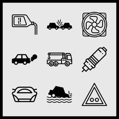 Simple 9 icon set of car related car sinking, traffic signal, car parts and car vector icons. Collection Illustration