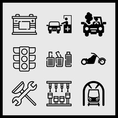 Simple 9 icon set of car related battery, train in a tunnel, pedals and car breakdown vector icons. Collection Illustration