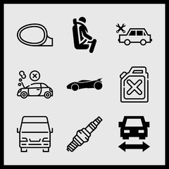 Simple 9 icon set of car related gasoline, van, car breakdown and car repair vector icons. Collection Illustration