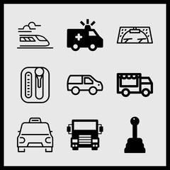Simple 9 icon set of car related train, ambulance, delivery truck front and car vector icons. Collection Illustration