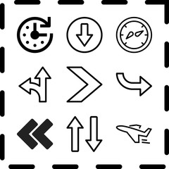 Simple 9 icon set of arrow related transfer, right arrow, airplane outline pointing left and detour vector icons. Collection Illustration