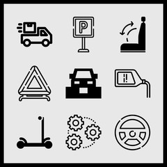 Simple 9 icon set of car related steering wheel, parking, car repair and reflective triangle vector icons. Collection Illustration