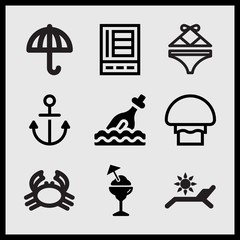 Simple 9 set of Summer related refrigerator, bottle, dish of ice cream and wild crab vector icons